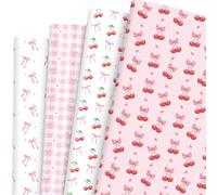 Pineraap 12 Sheets Pink Bow Cherry Wrapping Paper, Bowknot Printed Gift Wrap Paper Decorative Craft Paper for Girls Women Birthday Wedding Baby Shower Coquette Party, 19.7 x 27.6 Inch
