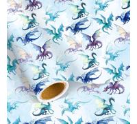 Pineraap Dragon Wrapping Paper Roll, 17In x 16.4Ft - Mini Roll - Blue Watercolor Dragon Design Gift Wrap Paper for Boys Girls Birthday, Gift Packing Art Papers for Baby Shower, Magical Party Decor