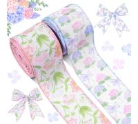 Pineraap Floral Wired Edge Ribbon, 2 Rolls 2.5 Inch Hydrangea Bowknot Pattern Fabric Ribbon Pink Purple Flower Spring Craft Ribbon for Gift Wrapping Wreath Bow Making Party Decor, 20 Yards