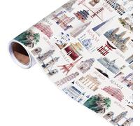 Pineraap World Landmark Wrapping Paper Roll - 17Inch x16.4Feet - Eiffel Tower,Big Ben,Statue of Liberty Themed Watercolor Gift Wrap for Travel Enthusiasts,Holidays,Birthdays