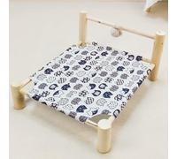 ping bu Elevated Wooden Pet Bed Cat Dog Hammock Bed with Plush Ball,Breathable Washable Cotton Linen Raised Pet Cot for Indoor Cats Portable Calming Beds (F,M-54 * 48 * 27CM)