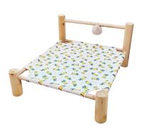 ping bu Elevated Wooden Pet Calming Bed,Washable Puppy Mat Breathable Linen Raised Pet Cot with Hanging Plush Ball Toy,Sturdy Indoor Sleeping Sofa for Cats Puppies (42X37X20CM-S,T)
