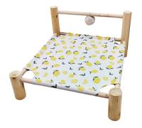 ping bu Elevated Wooden Pet Calming Bed,Washable Puppy Mat Breathable Linen Raised Pet Cot with Hanging Plush Ball Toy,Sturdy Indoor Sleeping Sofa for Cats Puppies (54X48X27CM-M,M)