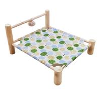 ping bu Elevated Wooden Pet Calming Bed,Washable Puppy Mat Breathable Linen Raised Pet Cot with Hanging Plush Ball Toy,Sturdy Indoor Sleeping Sofa for Cats Puppies (42X37X20CM-S,J)