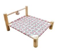 ping bu Elevated Wooden Pet Calming Bed,Washable Puppy Mat Breathable Linen Raised Pet Cot with Hanging Plush Ball Toy,Sturdy Indoor Sleeping Sofa for Cats Puppies (54X48X27CM-M,A)