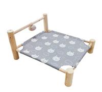 ping bu Elevated Wooden Pet Calming Bed,Washable Puppy Mat Breathable Linen Raised Pet Cot with Hanging Plush Ball Toy,Sturdy Indoor Sleeping Sofa for Cats Puppies (42X37X20CM-S,C)