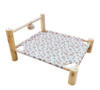 ping bu Elevated Wooden Pet Calming Bed,Washable Puppy Mat Breathable Linen Raised Pet Cot with Hanging Plush Ball Toy,Sturdy Indoor Sleeping Sofa for Cats Puppies (54X48X27CM-M,G)