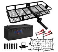 PINGDIR Folding Hitch Mount Cargo Carrier Hitch Rack Basket 60"*21.5"*6" Hauling Weight Capacity of 500 Lbs, Waterproof Cargo Bag 58" 24" 19", with Hitch Stabilizer,Cargo Net and Ratchet Straps