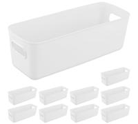 PINGEUI 10 Pack White Plastic Storage Basket with Handle, Narrow Cupboard Storage Boxes, Rectangular Organiser Boxes for Bathroom kitchen Office, 28 x 10 x 9.5 cm