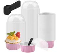 PINGEUI 100 Pcs Mini Cake Tins with Lids and Spoons, 150ml Round Loaf Cake Cases, Aluminum Foil Baking Pans Reusable Cake Containers for Bread Cakes Wedding Birthday Picnic (Pink Silver)
