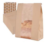 PINGEUI 100 Pcs Paper Bread Bags, Sourdough Bread Bags with Window, Kraft Paper Bakery Bag for Homemade Breads Cookie Snacks, Includes 100 Sealing Stickers, 13.7x8.2x3.5 in