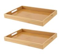 PINGEUI 2 Pack Bamboo Serving Tray, Wooden Tea Trays with Handles, Rectangle Bamboo Food Platters for Food Serving, Tea, Coffee, Snack, 38x25cm