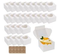 PINGEUI 50 Pcs Small Cake Boxes, 4 Inch White Cupcake Boxes with Heart Shaped Window and Stickers, Individual Cupcake Containers for Cakes Cookies Cupcake Candy Pies Pastries Dessert,10x10x6.5cm