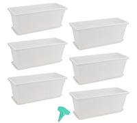 PINGEUI 6 Pack 43cm Plastic Window Box Planter, Rectangular Windowsill Planter Countryside Flower Box, Vegetable Growing Containers with Trays and 30 PCS Plant Labels, White