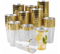 PINGEUI 80 Pcs Gold Rimmed Plastic Cups, 12oz / 360ml Clear Reusable Party Cup, Bulk Plastic Wedding Cups for Cocktail Champagne Beer Champagne Martini Dessert