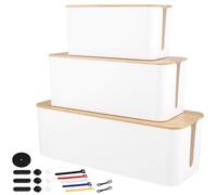 PINGEUI Cables Organizer Box, Set of 3 Cable Box with Bamboo Lid for Hiding Power Strips and Cable Wires 10.63 x 4.6 x 4.7 inch and 12.7 x 5.3 x 5 inch and 15.8 x 6.18 x 5.35 inch