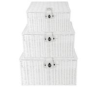 PINGEUI Set of 3 Resin White Wicker Woven Lidded Storage Baskets, Hamper Storage Boxes with Lid and Leather Lock, Stackable Resin Organiser for Gift, Clothes, Toiletries, Small/Medium/Large