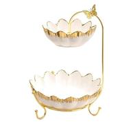 PINGSHI Boutique UK 2 Tier Ceramic Fruit Bowl,Creative Flower Shaped Plate, Tray with Metal,Snacks Nuts Bread Candy Storage Basket(D)
