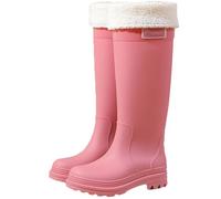 PINGSHI Boutique UK Women's Waterproof Rain Boots with Removable Liner, Non-Slip Kitchen Rubber Boots Low Block Heel Trendy Mid-Calf Overshoes(Pink 1,35-36)