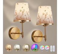 Pingxihule Battery Operated Wall Sconce Set of 2,Gold Wireless Wall Light with Remote Control,Chinese Floral& Bird Painted Fabric Shade Rechargeable Cordless Wall Lamp for Indoor Bedroom Bathroom RGB