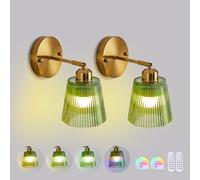 Pingxihule Vintage Battery Operated Wall Sconce Set of Two with Green Glass Lampshade Rechargeable Wall Light Indoor Wireless Wall Lamp with Remote Control for Bedside Bedroom Living Room