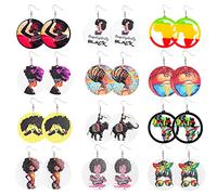 Pingyongchang 20 Pairs African Wooden Earrings, Round Wood Painted Dangle Earring Set for Women, Adult, Female, Bohemian Style, French Wire Back, Lightweight, Occasion: Anniversary, Wedding