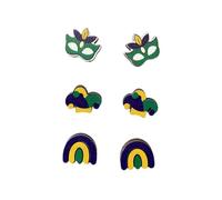 Pingyongchang 3 Pairs Mardi Gras Wood Stud Earrings Carnival Theme Mask Hat Rainbow Wooden Lightweight Stud Earrings for Women Mardi Gras Festival Holiday Jewelry Gifts