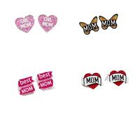 Pingyongchang 4 Pairs Cute Mom Glitter Acrylic Stud Earrings Love Heart Butterfly Shape Mother Statement Earrings for Mama Birthday Mother's Day Jewelry Gifts