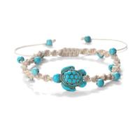 Pingyongchang Bohemian Turtle Beaded Braided Bracelets Sea Turtle Turquoise Beaded Adjustable String Strand Bracelets Boho Summer Beach Party Couples Jewelry Gifts, S, Zinc, no gemstone