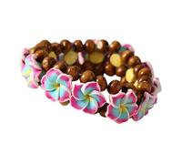 Pingyongchang Boho Hawaiian Plumeria Rubra Bracelets for Women Handmade Colorful Tropical Flower Wooden Beads Stretch Bracelet Summer Beach Holiday Jewelry Gifts, S, Zinc, no gemstone