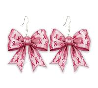 Pingyongchang Breast Cancer Awareness Heart Acrylic Dangle Drop Earrings Pink Ribbon Bow Lightweight Earring for Women Breast Cancer Survivor Support Jewelry Hope Faith Gifts, Metal Acrylic, No