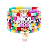 Pingyongchang Colorful Birthday Stackable Bracelets Set Handmade Happy Birthday Polymer Clay Beads Stretch Bracelets Boho Surfer Heishi Friendship Jewelry Gifts for Women, S, Zinc, no gemstone