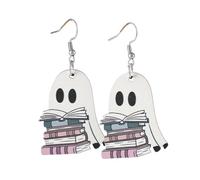 Pingyongchang Cute Cartoon Read Book Ghost Double Sided Wood Dangle Earrings for Women Funny Colorful Western Cowboy Hat Ghost Wooden Earrings Halloween Cosplay Costume Party Jewelry, Metal Wood, No