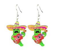 Pingyongchang Cute Cinco De Mayo Letter Glitter Acrylic Dangle Earrings Colorful Pinatas Sombrero Fiesta Hat Guitar Cactus Chili Pepper Earrings for Women Mexican Holiday Jewelry Gift, Metal Acrylic