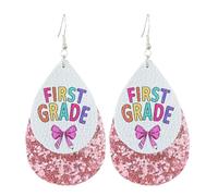 Pingyongchang Cute Colorful Bow Grade Teacher Glitter Leather Dangle Drop Earrings First Day of School Student Earrings for Women Back to School Jewelry Teacher Appreciation Gift, Metal Leather, No