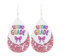 Pingyongchang Cute Colorful Bow Grade Teacher Glitter Leather Dangle Drop Earrings First Day of School Student Earrings for Women Back to School Jewelry Teacher Appreciation Gift, Metal Leather, No