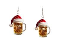 Pingyongchang Cute Funny 2D Christmas Hat Beer Lightweight Acrylic Earrings Creative 2026 Xmas Cup Dangle Drop Earrings for Women New Year Holiday Jewelry Gift, Metal Acrylic, No Gemstone