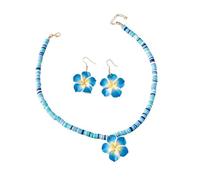 Pingyongchang Cute Hawaiian Plumeria Rubra Caly Earrings Necklace Set Cute Handmade Colorful Flower Choker Necklace Earrings for Women Summer Beach Holiday Bohemian Jewelry Set, Metal, alloy