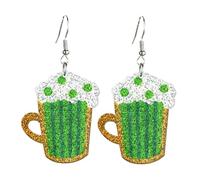 Pingyongchang Cute St. Patrick's Day Sparkly Glitter Acrylic Earrings Irish Shamrock Green Clover Leaf Beer Dangle Drop Earrings for Women Lucky Festival Holiday Jewelry Gift, Metal Acrylic, No