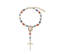 Pingyongchang Evil Eye Cross Bracelets for Women Colorful Evil Eye Beaded Charm Chain Bracelet Baptism Christian Jesus Protection Jewelry Gifts, S, Zinc, no gemstone