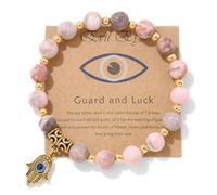 Pingyongchang Evil Eye Hamsa Hand Natural Stone Beads Handmade Bracelets for Women Men Amulet Friendship Bracelet with Gift Message Card Lucky Kabbalah Protection Jewelry Gift, Metal, alloy