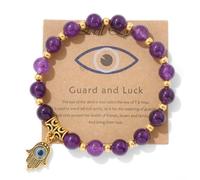 Pingyongchang Evil Eye Hamsa Hand Natural Stone Beads Handmade Bracelets for Women Men Amulet Friendship Bracelet with Gift Message Card Lucky Kabbalah Protection Jewelry Gift, Metal, alloy