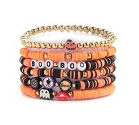 Pingyongchang Halloween Stackable Bracelets for Women Preppy Heshi Sufer Bracelet Boho Handmade Elastic Bracelets HOCUS POCUS SPOOKY for Women Vsco Clay Polymer Beads Party Favors Gift-Orange Black, 3