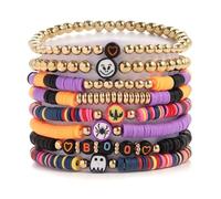 Pingyongchang Halloween Stackable Bracelets for Women Preppy Heshi Sufer Bracelet Boho Handmade Elastic Bracelets HOCUS POCUS SPOOKY for Women Vsco Clay Polymer Beads Party Favors Gift-Orange Black, 3