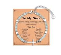 Pingyongchang Stainless Steel Cross Beaded Bracelets Catholic Religious Natural Beads Bracelets Christian Faith Jewelry Gifts for Women, S, Zinc, no gemstone