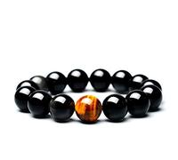 Pingyongchang Tiger Eye Black Obsidian Beaded Bracelet Natural Stone Bracelets with a Unique Match 10MM or 12MM Beads Ancient Traditional Fashion Punk Meditation Jewelry Gift for Men Women, 7.08