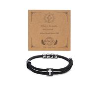 Pingyongchang WWJD Cross Braided Rope Bracelet for Women Men Jesus Religious Adjustable Surfer Bracelet with Gift Message Card Christian Lucky Protection Jewelry Friendship Couple Gift, Metal, alloy