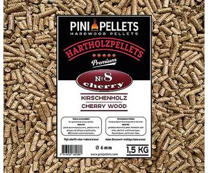 PINI Cherry Wood Pellets, 1.5 kg, BBQ Hardwood Smoking Grilling Pellets, Premium Quality, Low Ash, High Calorific Value, Ideal for All Grill and Smoker Types