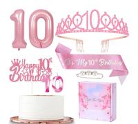 Pink 10th Birthday Decorations,10th Birthday Sash and Tiara Set for Girl Birthday Decorations 10th Crown,10 Candle Cake Topper,Foil Balloon Sash and Tiara 10th Birthday Presents Her 10 Birthday Gifts