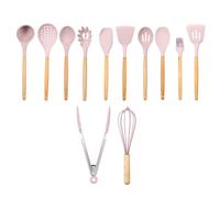 (Pink) 12pcs Wooden Silicone Kitchen Utensil Nonstick Cooking Tool Spoon Soup Ladle Turner Spatula Tong Cookware Baking Gadget
